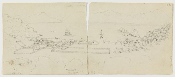 Pencil sketch of Te Awaiti Bay, Marlborough Sounds from 1843. 